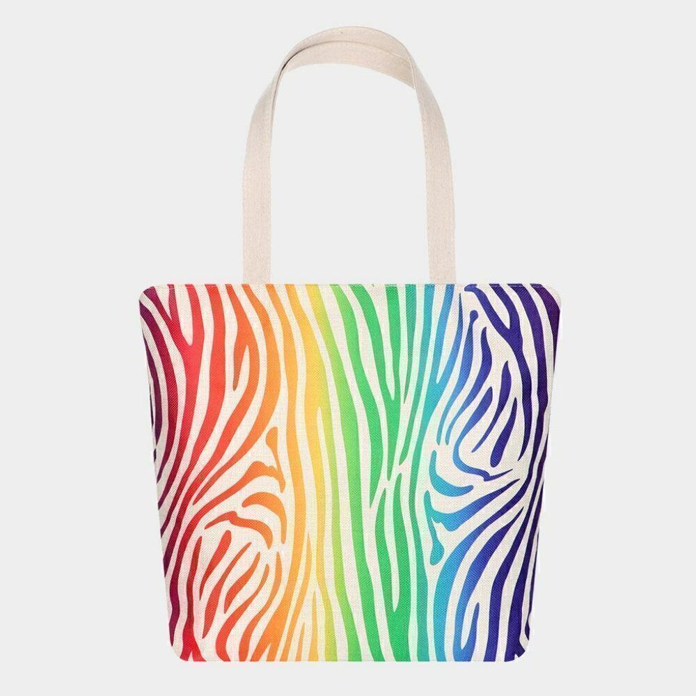 Zebra Pattern Printed Rainbow Canvas Tote Eco Bag NWT